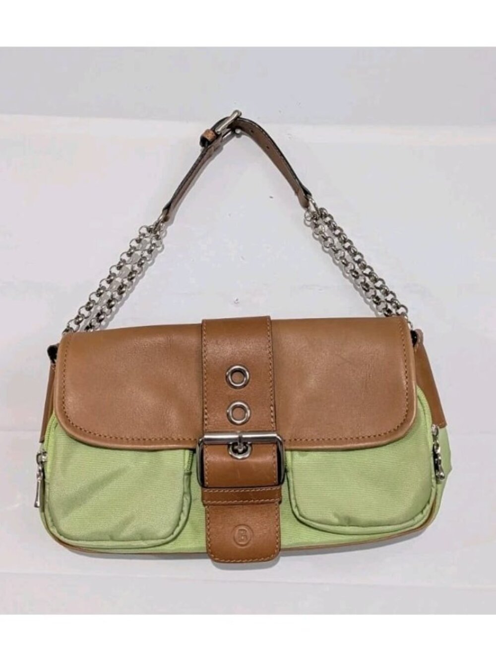 Bogner Small Nylon Leather Buckle Baguette Shoulder Bag Silver Chain Strap Y2K